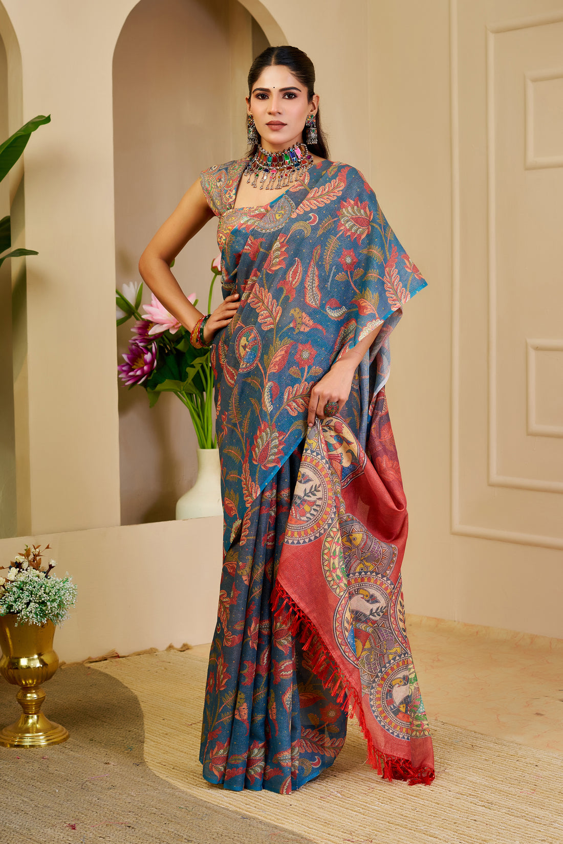 Blue Tissue Handloom Cotton Saree with Zari Floral Print for Women