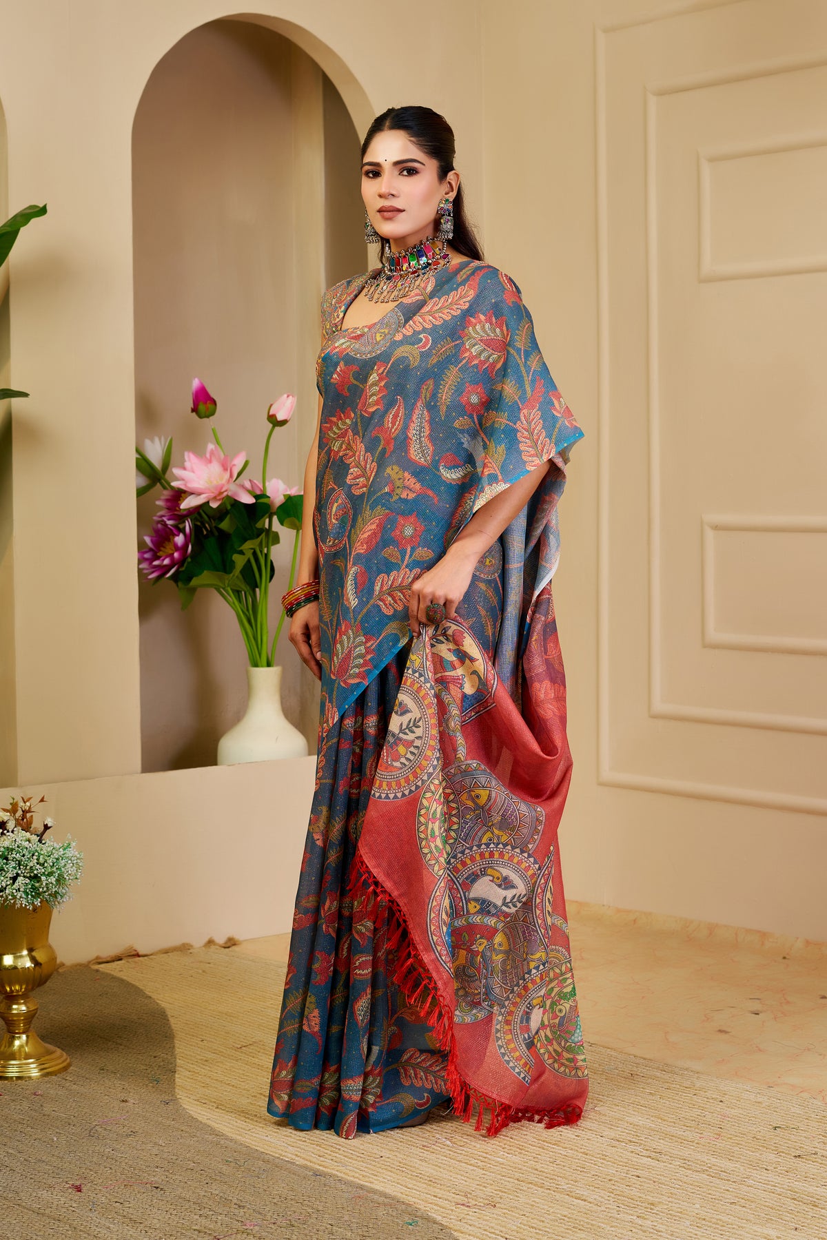 Blue Tissue Handloom Cotton Saree with Zari Floral Print for Women