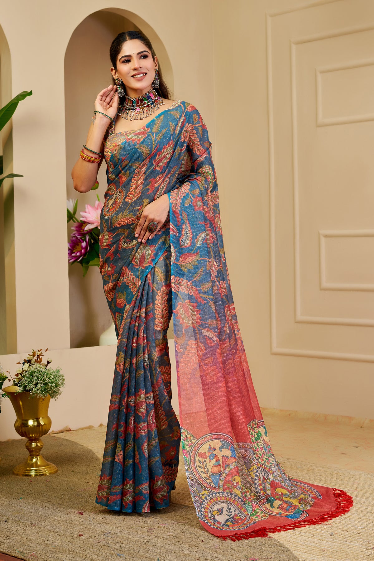 Blue Tissue Handloom Cotton Saree with Zari Floral Print for Women