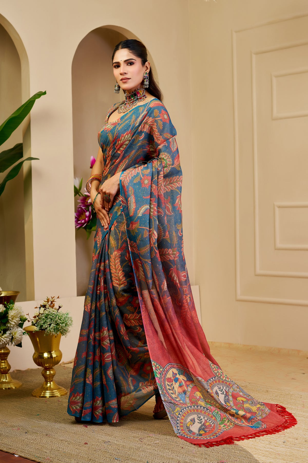 Blue Tissue Handloom Cotton Saree with Zari Floral Print for Women