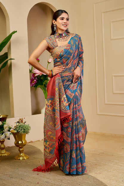 Blue Tissue Handloom Cotton Saree with Zari Floral Print for Women