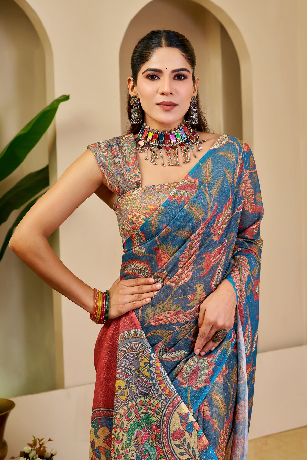 Blue Tissue Handloom Cotton Saree with Zari Floral Print for Women