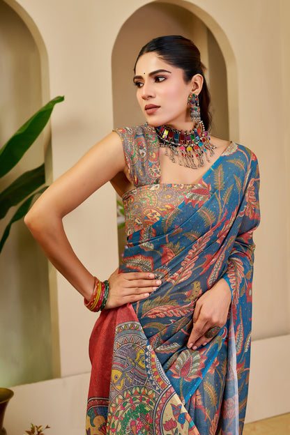 Blue Tissue Handloom Cotton Saree with Zari Floral Print for Women