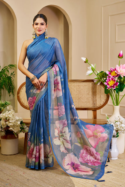 Blue Tissue Handloom Cotton Saree with Floral Digital Print &amp; Zari