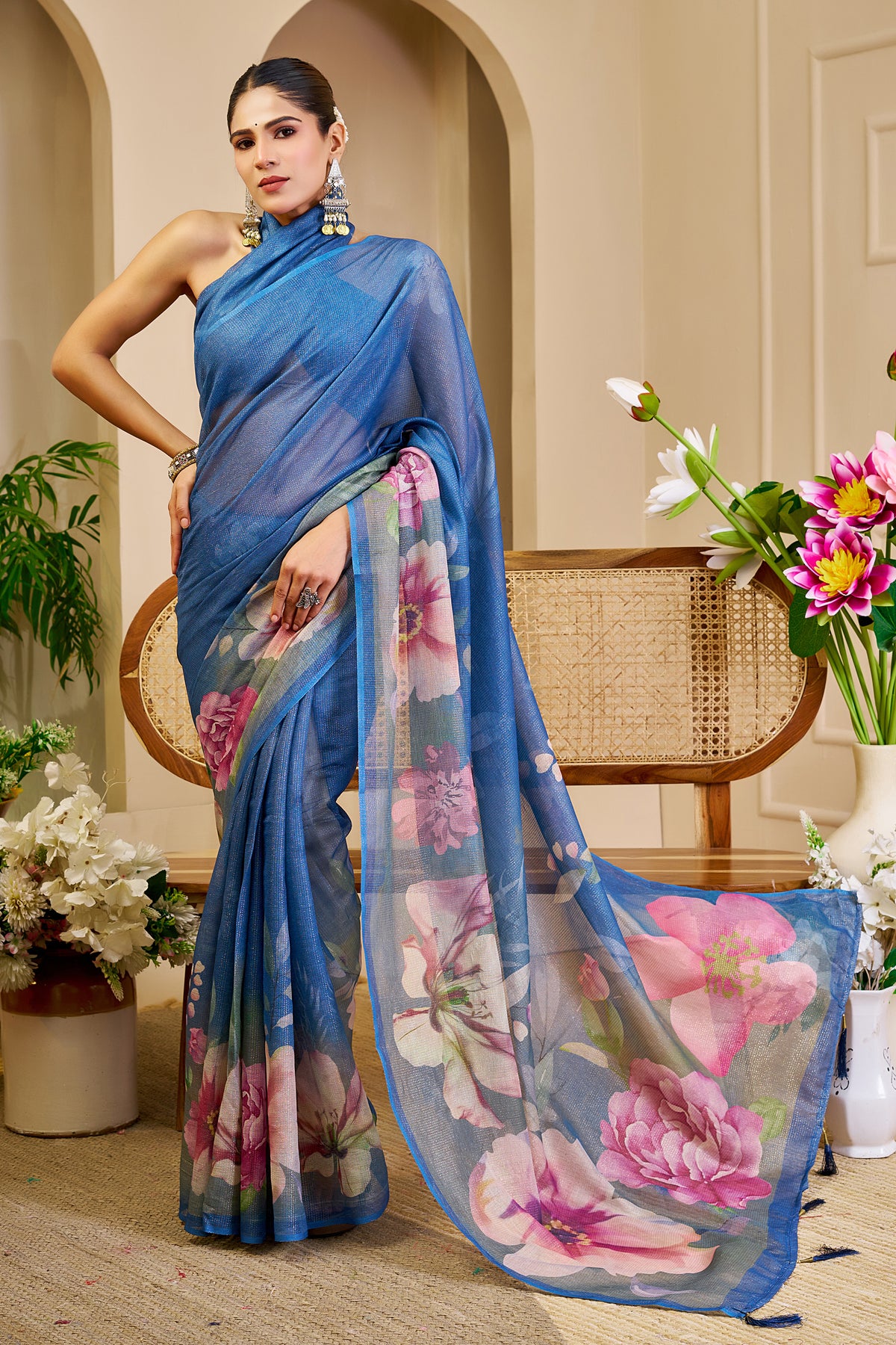 Blue Tissue Handloom Cotton Saree with Floral Digital Print &amp; Zari