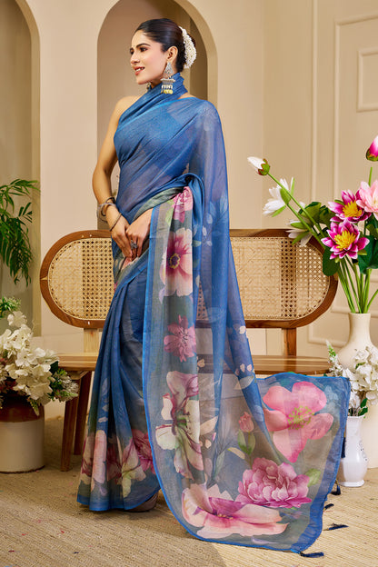Blue Tissue Handloom Cotton Saree with Floral Digital Print &amp; Zari