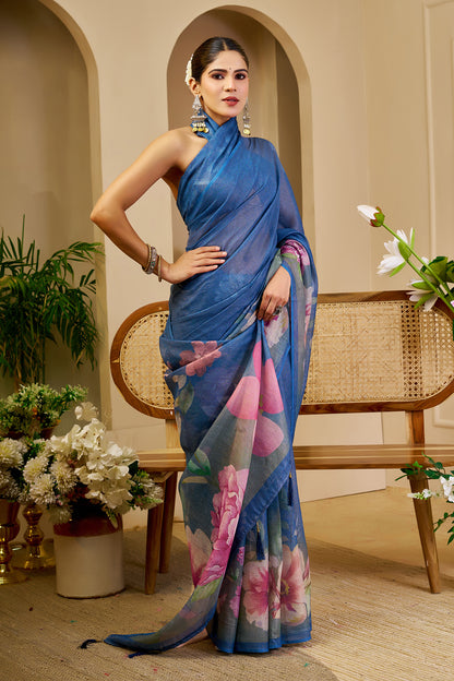 Blue Tissue Handloom Cotton Saree with Floral Digital Print &amp; Zari