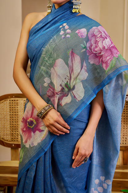 Blue Tissue Handloom Cotton Saree with Floral Digital Print &amp; Zari
