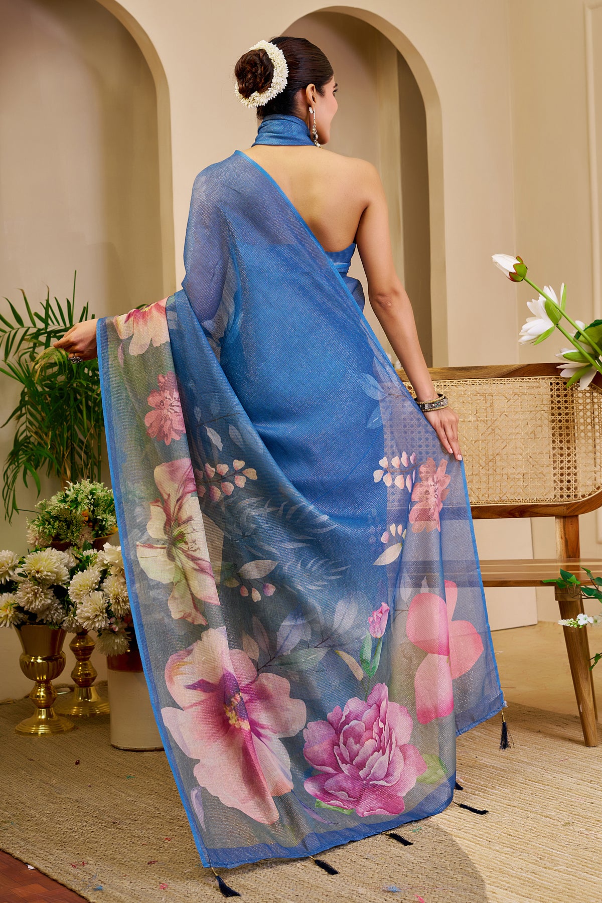 Blue Tissue Handloom Cotton Saree with Floral Digital Print &amp; Zari