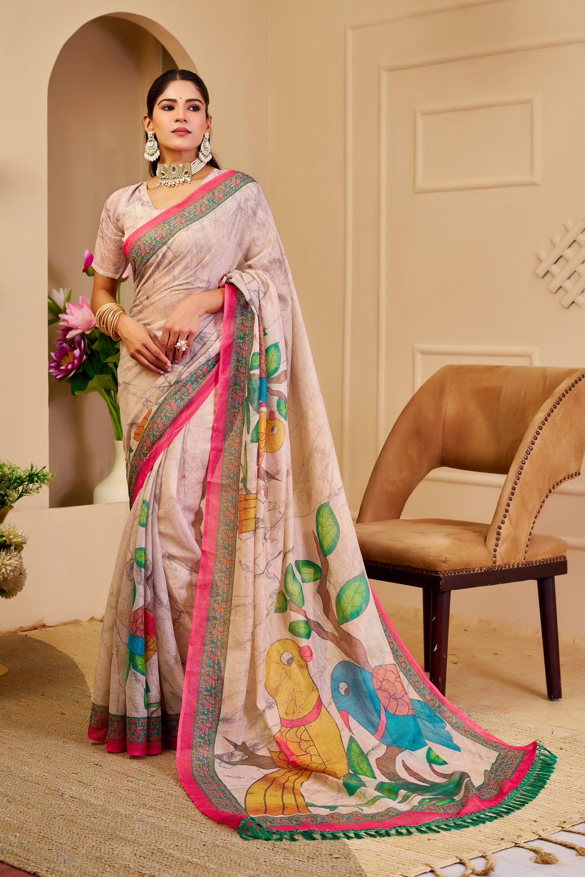 Cream Floral Tissue Handloom Cotton Saree with Zari Weaving for Women