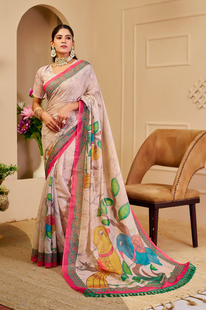 Cream Floral Tissue Handloom Cotton Saree with Zari Weaving for Women
