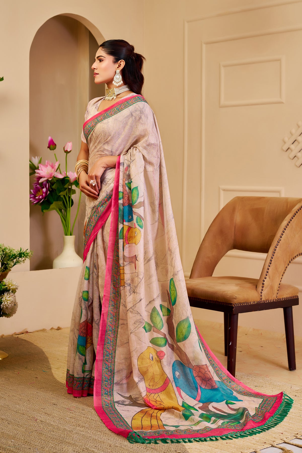 Cream Floral Tissue Handloom Cotton Saree with Zari Weaving for Women