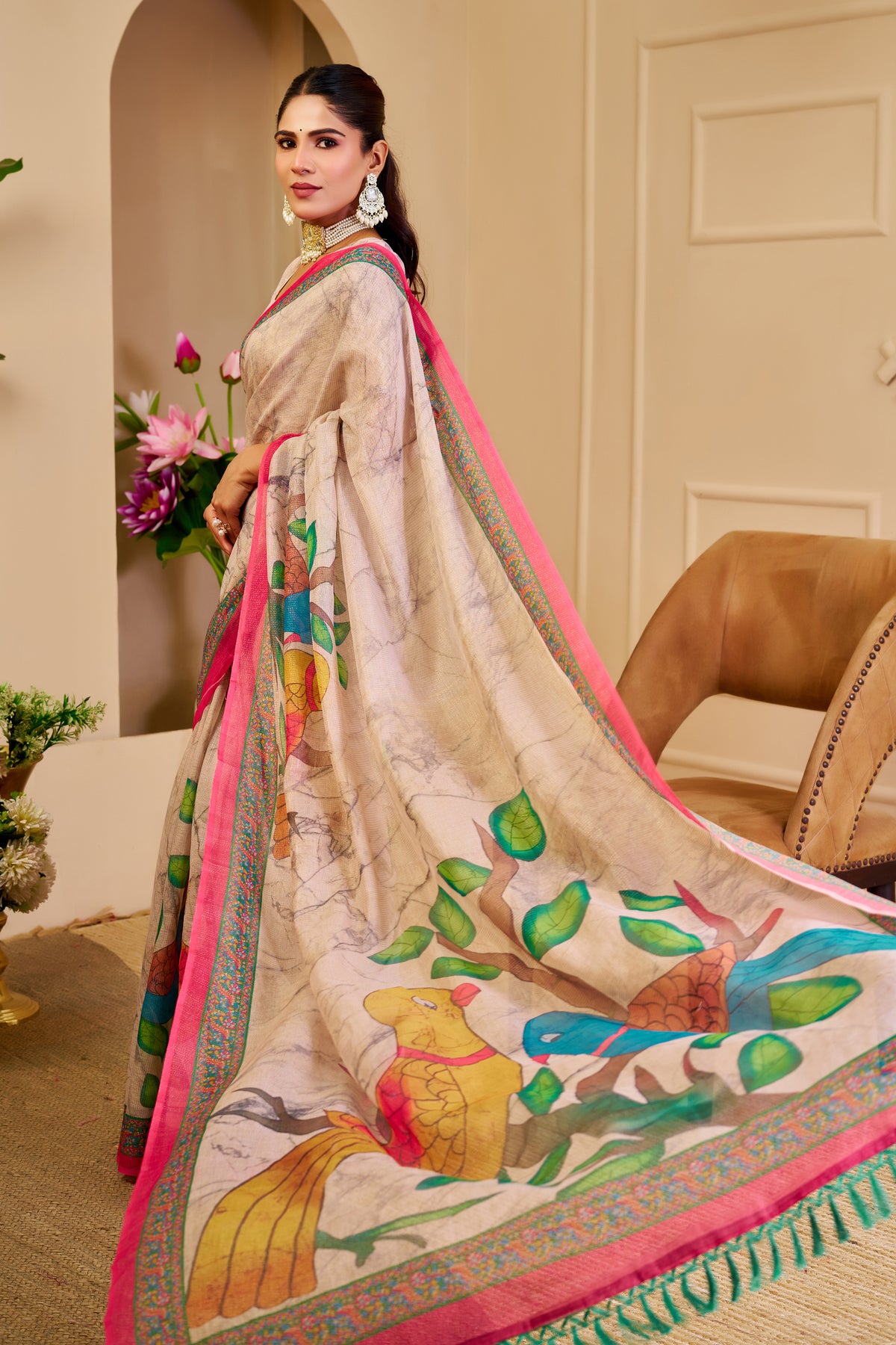 Cream Floral Tissue Handloom Cotton Saree with Zari Weaving for Women