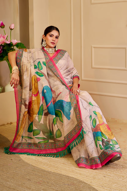 Cream Floral Tissue Handloom Cotton Saree with Zari Weaving for Women