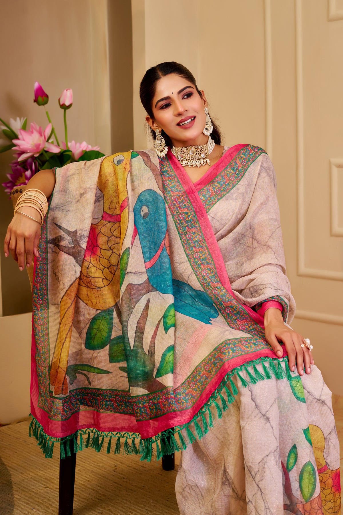 Cream Floral Tissue Handloom Cotton Saree with Zari Weaving for Women