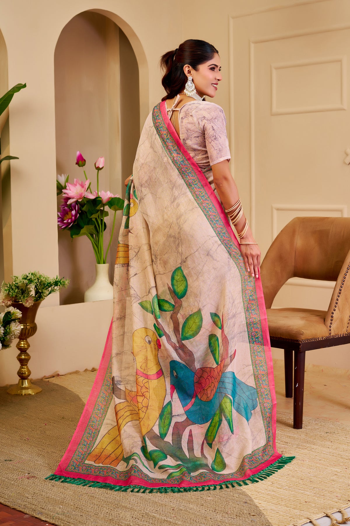 Cream Floral Tissue Handloom Cotton Saree with Zari Weaving for Women