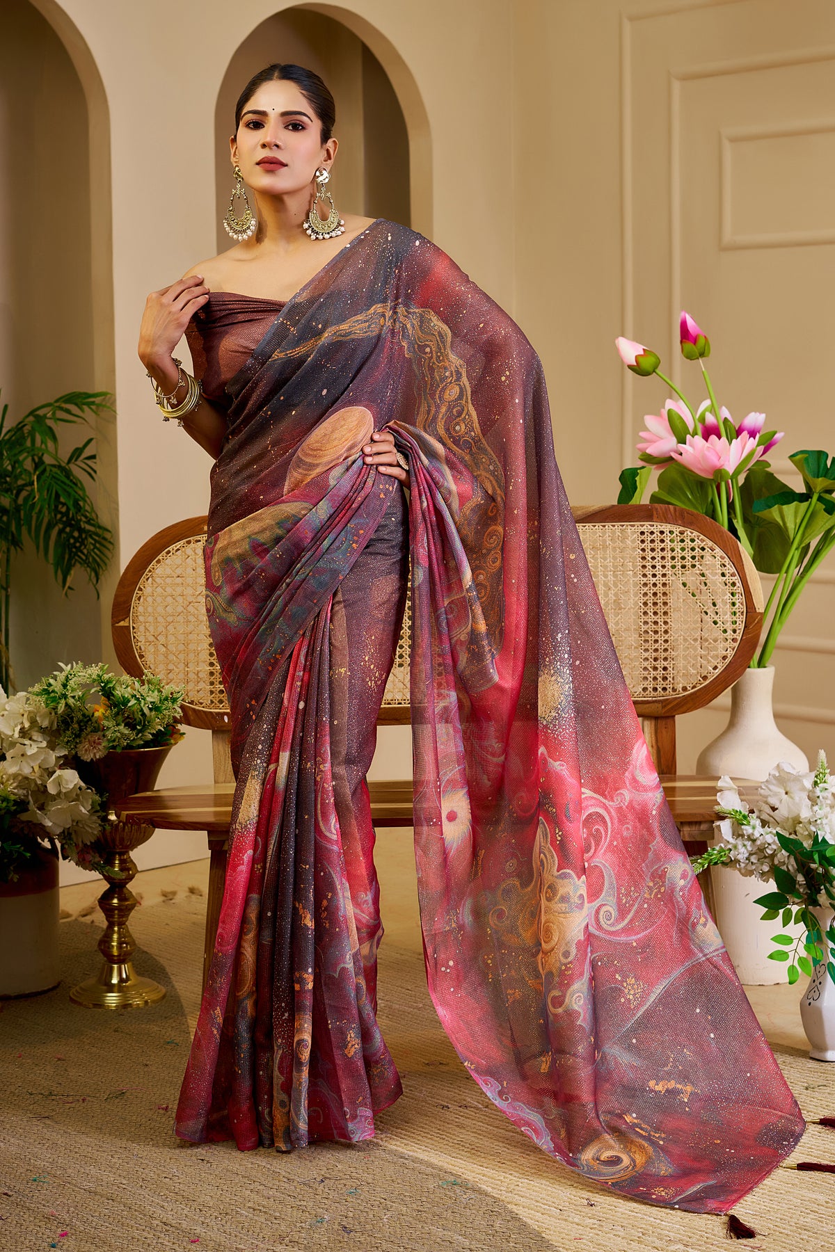 Wine Tissue Handloom Cotton Saree with Zari &amp; Floral Prints for Women
