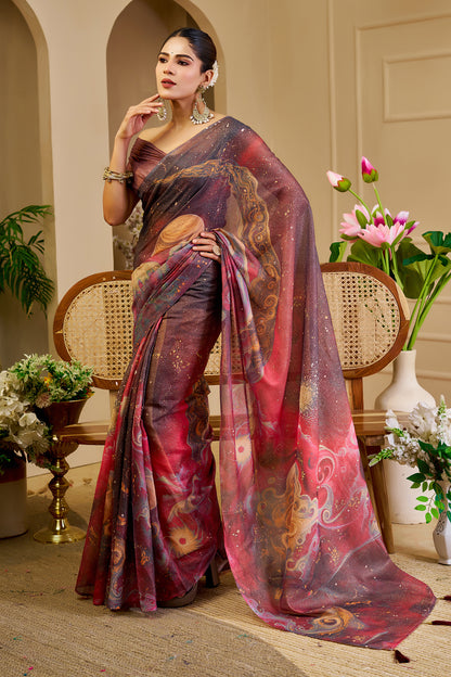 Wine Tissue Handloom Cotton Saree with Zari &amp; Floral Prints for Women