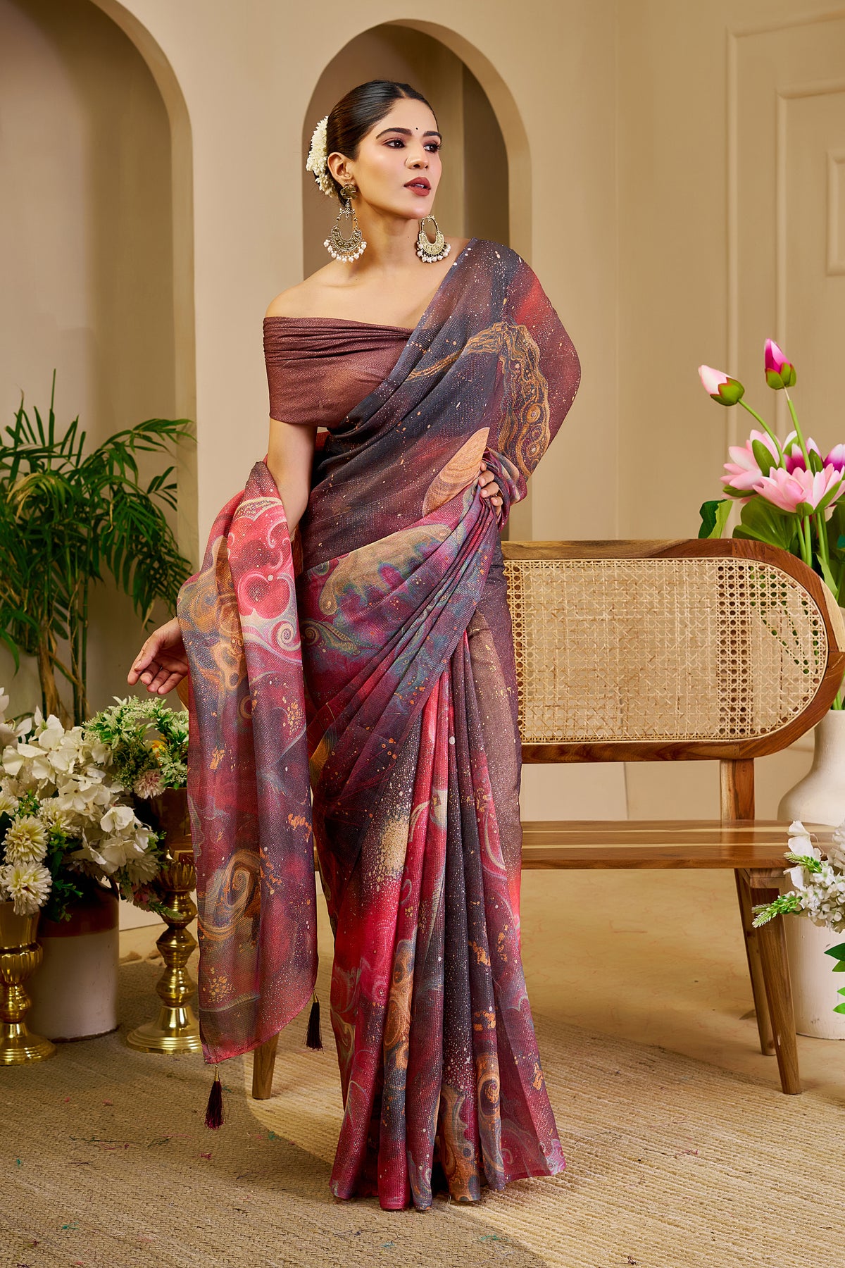 Wine Tissue Handloom Cotton Saree with Zari &amp; Floral Prints for Women