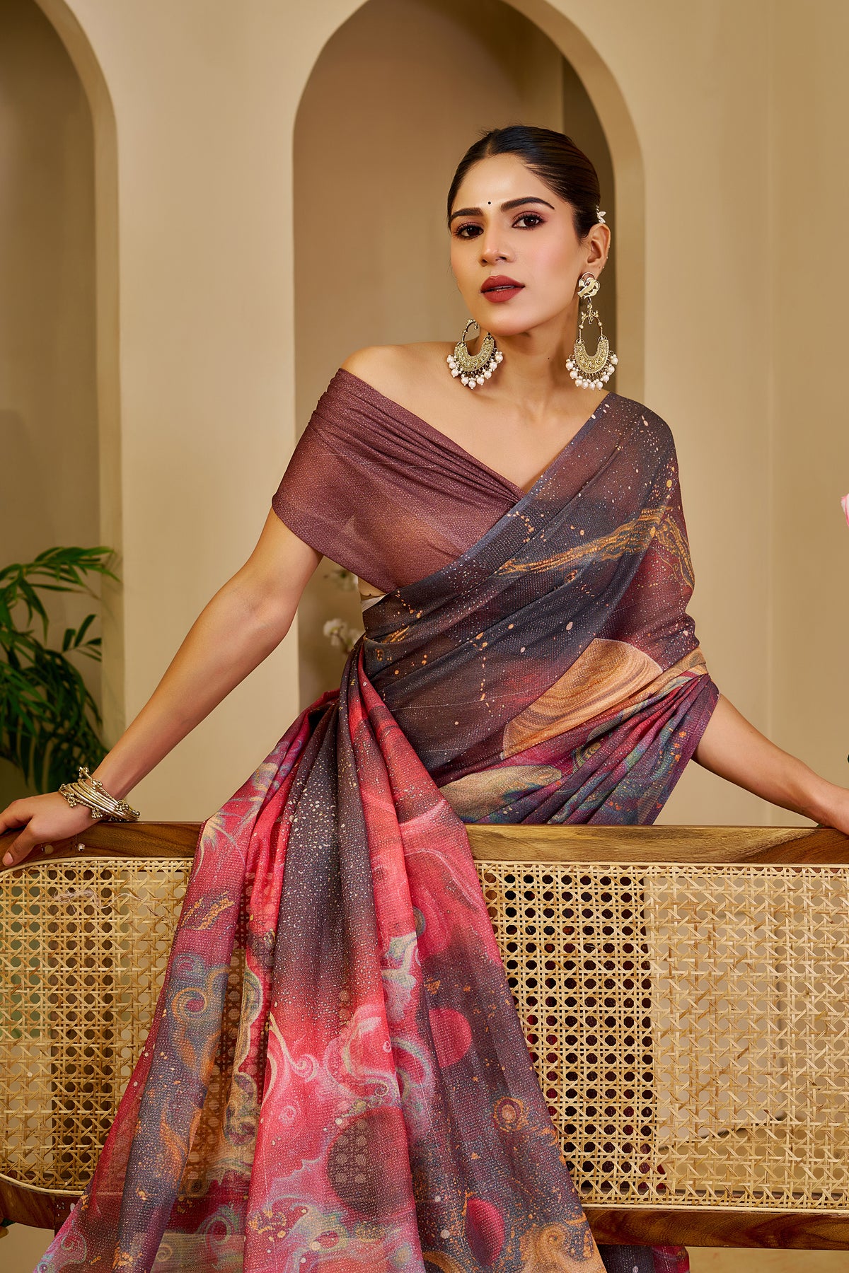 Wine Tissue Handloom Cotton Saree with Zari &amp; Floral Prints for Women