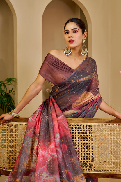 Wine Tissue Handloom Cotton Saree with Zari &amp; Floral Prints for Women