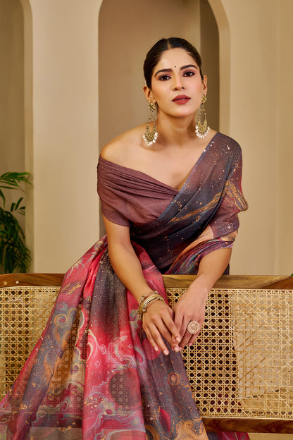 Wine Tissue Handloom Cotton Saree with Zari &amp; Floral Prints for Women