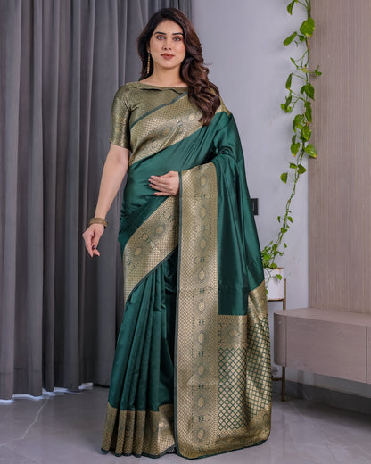 Emerald Green Banarasi Soft Silk Saree with Zari Border for Women