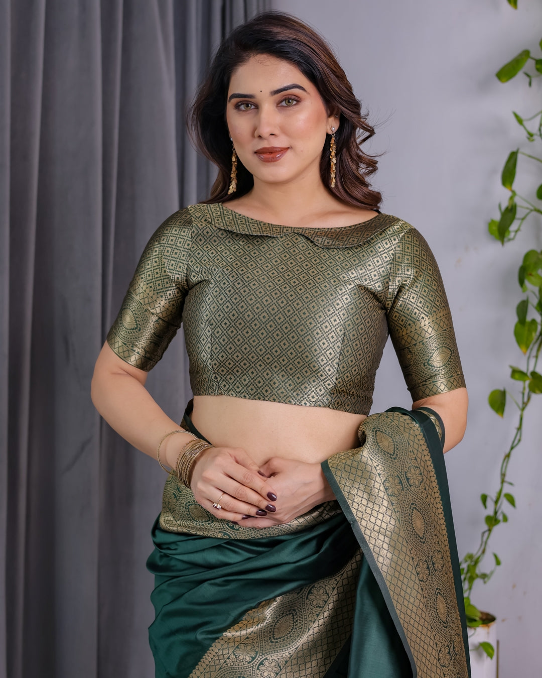 Emerald Green Banarasi Soft Silk Saree with Zari Border for Women