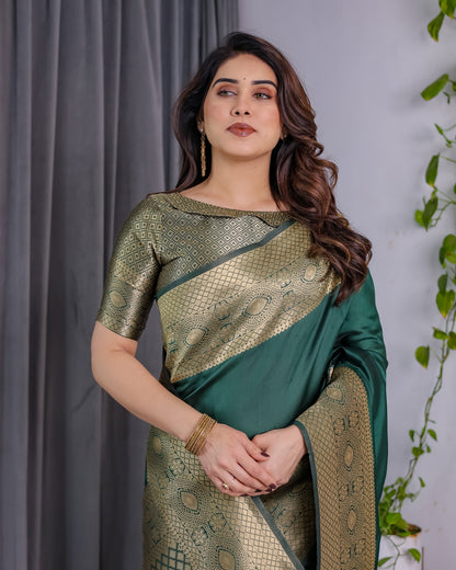 Emerald Green Banarasi Soft Silk Saree with Zari Border for Women
