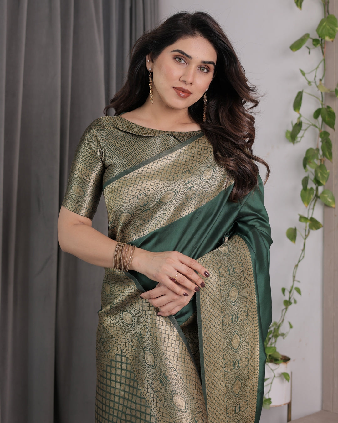 Emerald Green Banarasi Soft Silk Saree with Zari Border for Women