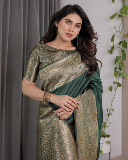 Emerald Green Banarasi Soft Silk Saree with Zari Border for Women