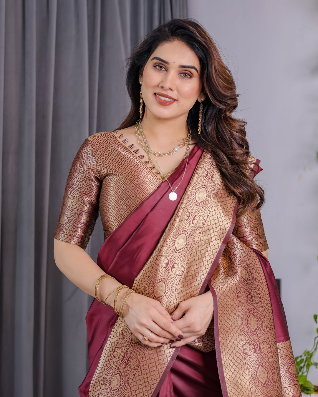 Maroon Banarasi Soft Silk Saree with Zari Border for Women