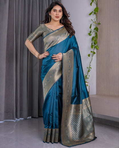 eal Blue Banarasi Silk Saree with Jacquard Zari Border for Women