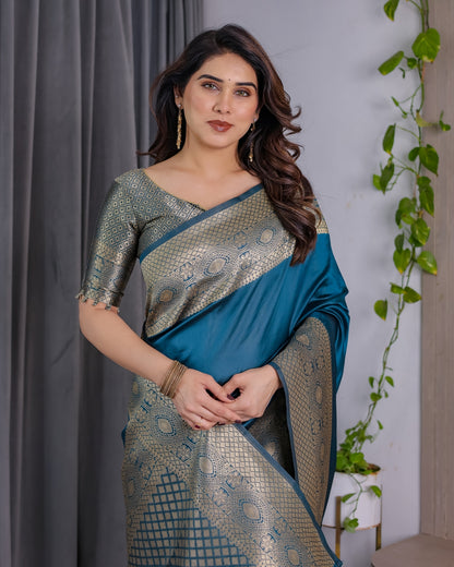 eal Blue Banarasi Silk Saree with Jacquard Zari Border for Women