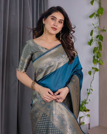 eal Blue Banarasi Silk Saree with Jacquard Zari Border for Women