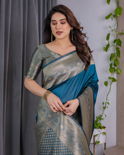 eal Blue Banarasi Silk Saree with Jacquard Zari Border for Women