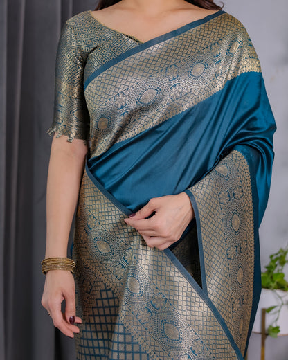 eal Blue Banarasi Silk Saree with Jacquard Zari Border for Women