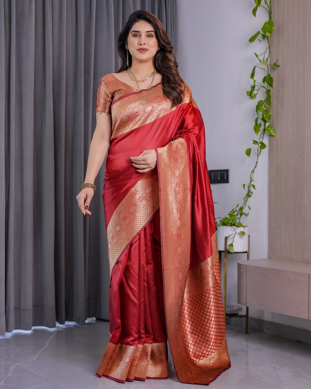 Red Banarasi Soft Silk Saree with Jacquard Zari Border for Women