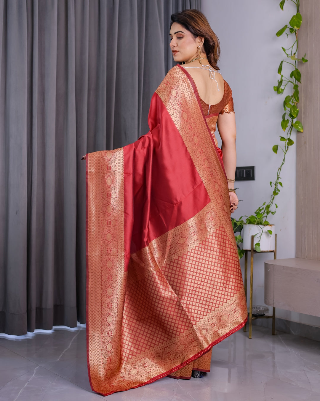 Red Banarasi Soft Silk Saree with Jacquard Zari Border for Women