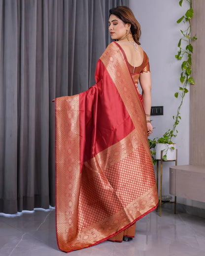 Red Banarasi Soft Silk Saree with Jacquard Zari Border for Women