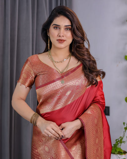 Red Banarasi Soft Silk Saree with Jacquard Zari Border for Women