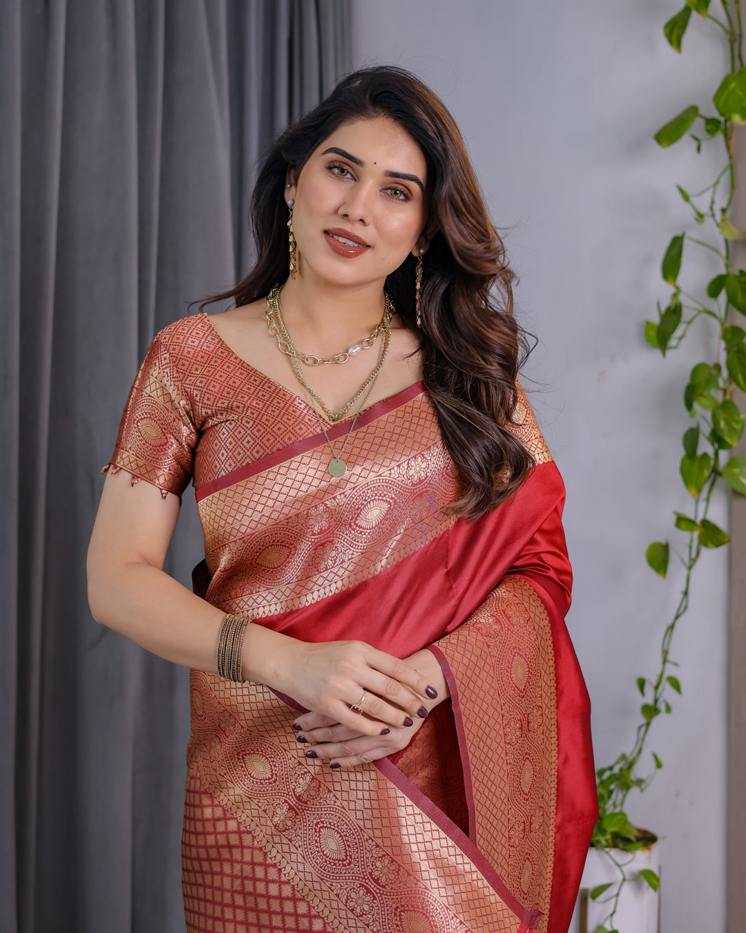Red Banarasi Soft Silk Saree with Jacquard Zari Border for Women