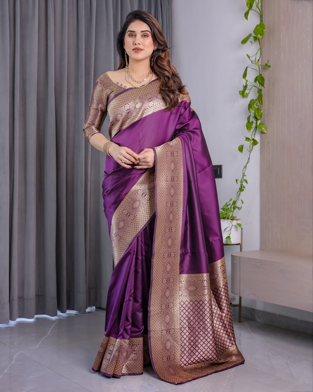 Purple Banarasi Soft Silk Saree with Elegant Zari &amp; Jacquard