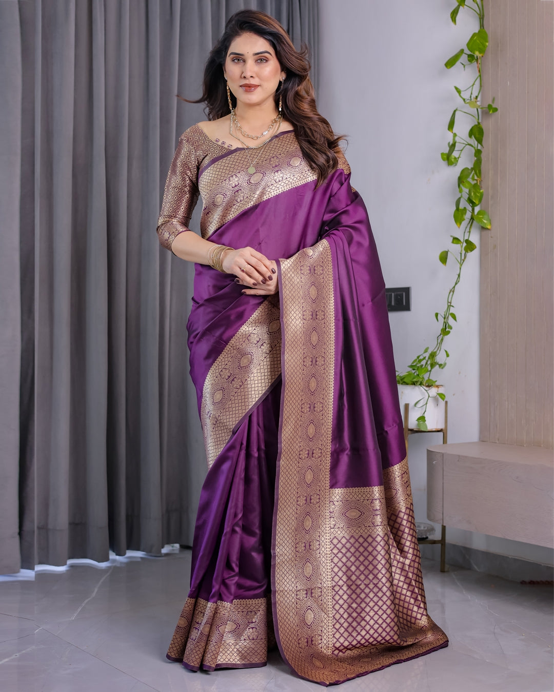 Purple Banarasi Soft Silk Saree with Elegant Zari &amp; Jacquard
