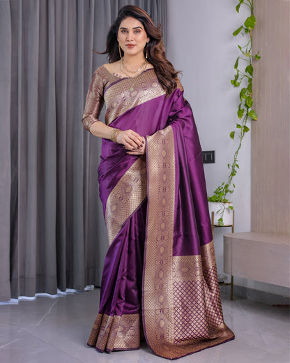 Purple Banarasi Soft Silk Saree with Elegant Zari &amp; Jacquard