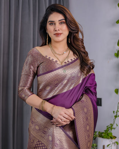 Purple Banarasi Soft Silk Saree with Elegant Zari &amp; Jacquard