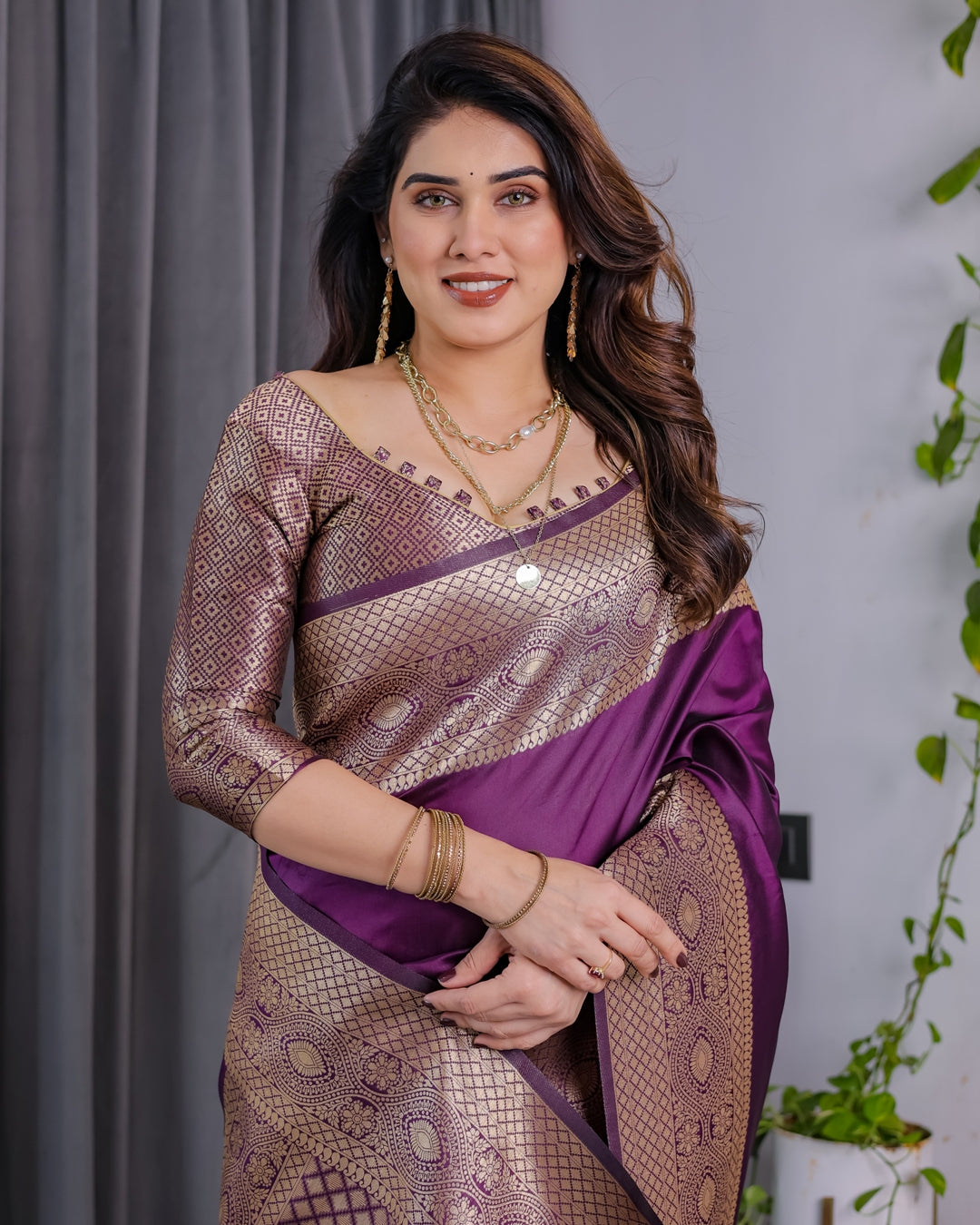 Purple Banarasi Soft Silk Saree with Elegant Zari &amp; Jacquard