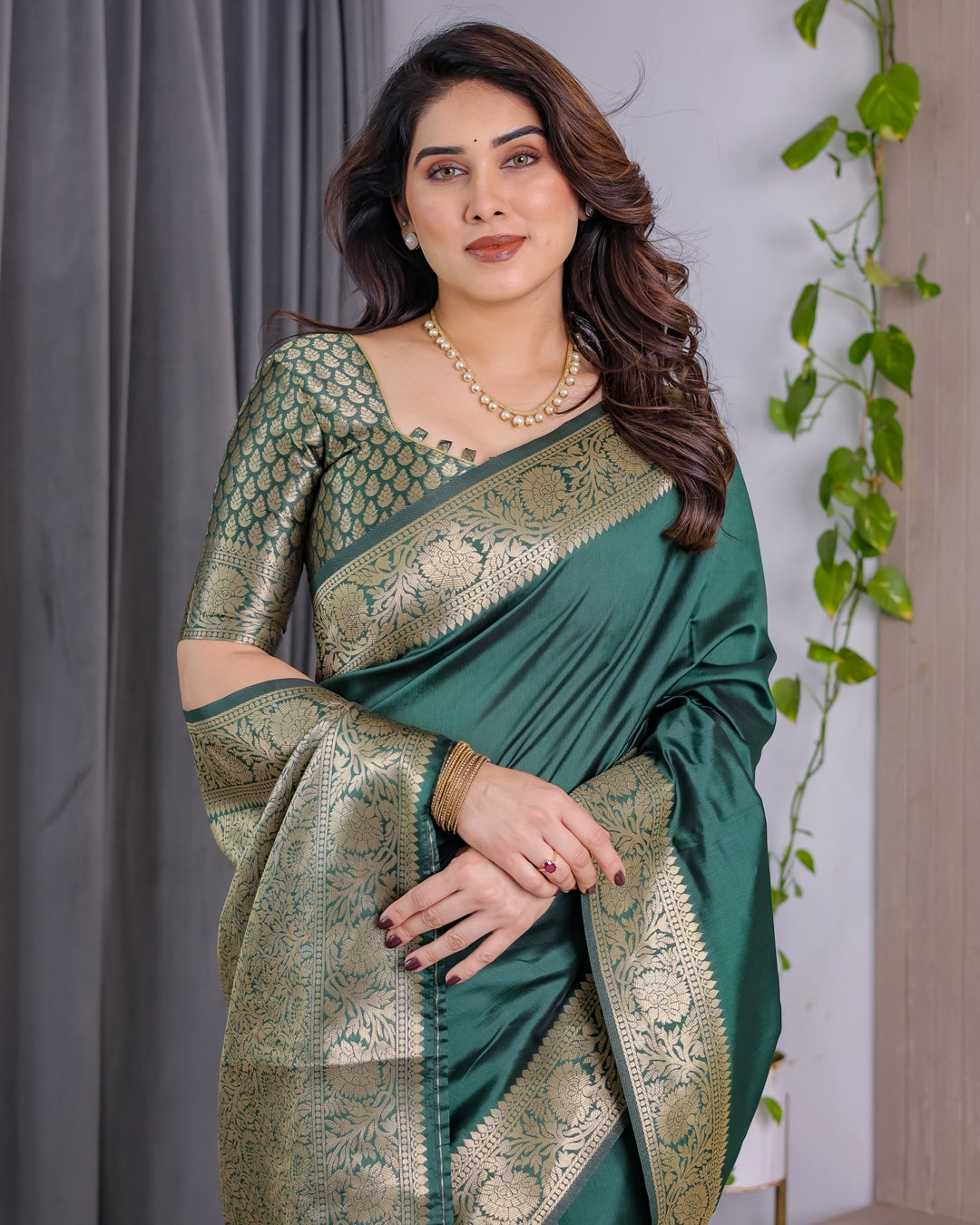 Green Banarasi Soft Silk Saree with Golden Jacquard Border for Women