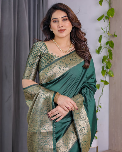 Green Banarasi Soft Silk Saree with Golden Jacquard Border for Women