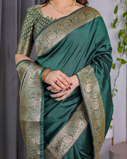Green Banarasi Soft Silk Saree with Golden Jacquard Border for Women